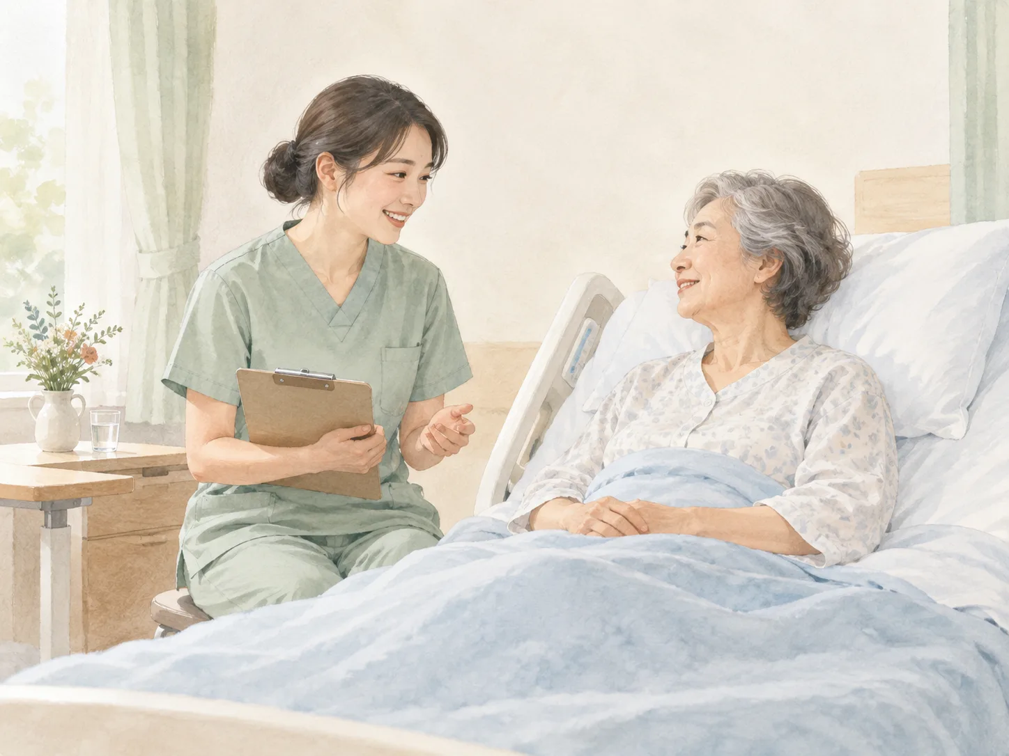 ベッドのそばで患者と話す看護師のイラスト