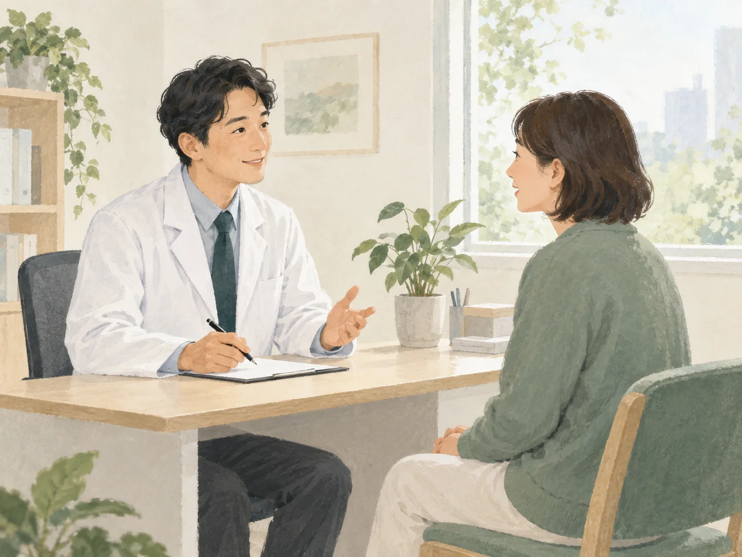 診察室で患者と向き合う医師のイラスト